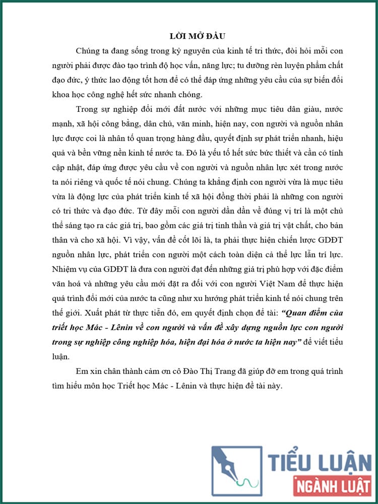 [Tiểu luận 2022] Quan điểm của triết học Mác – Lênin về con người và vấn đề xây dựng nguồn lực con người trong sự nghiệp công nghiệp hóa, hiện đại hóa ở nước ta hiện nay