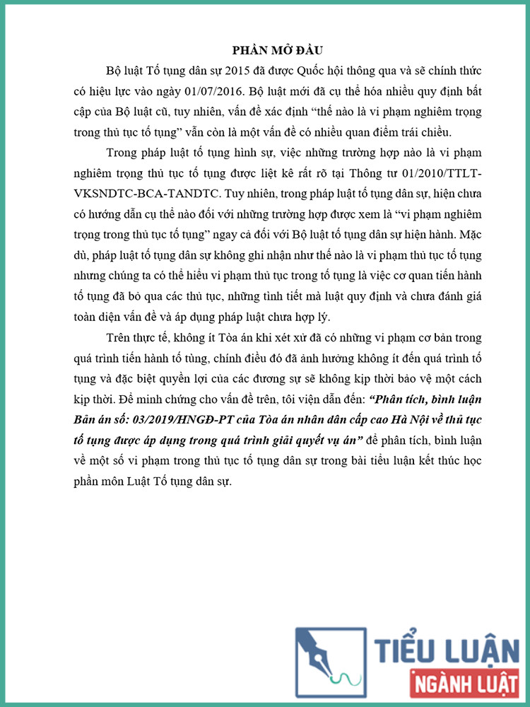 [Tiểu luận 2021] Phân tích, bình luận bản án số 03/2019/HNGĐ-PT của Tòa án nhân dân cấp cao Hà Nội về thủ tục tố tụng được áp dụng trong quá trình giải quyết vụ án
