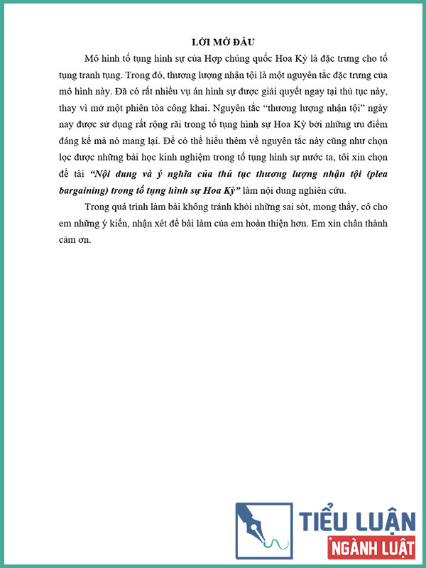 [Tiểu luận 2021] Nội dung và ý nghĩa của thủ tục thương lượng nhận tội (plea bargaining) trong tố tụng hình sự Hoa Kỳ