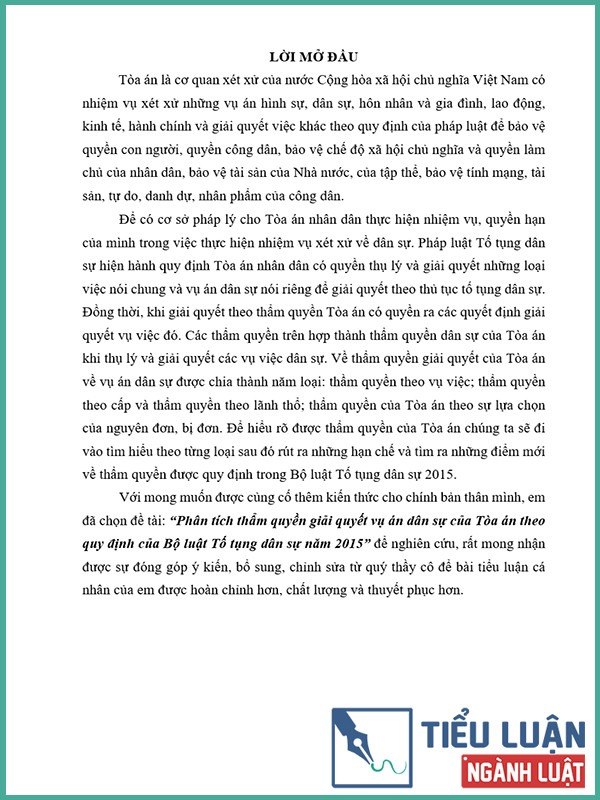 [Tiểu luận 2022] Phân tích thẩm quyền giải quyết vụ án dân sự của Tòa án theo quy định của Bộ luật Tố tụng dân sự năm 2015