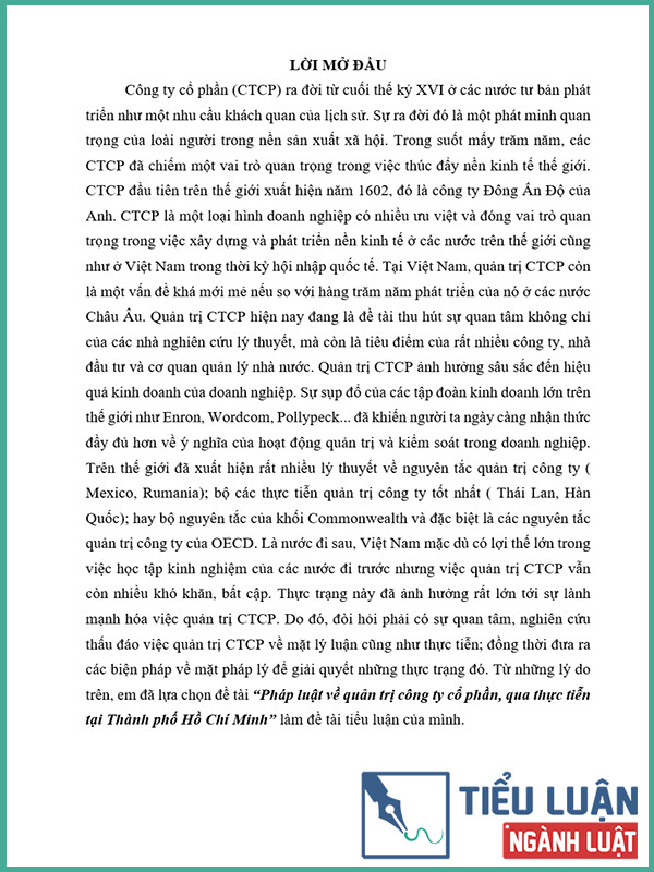 [Tiểu luận 2022] Pháp luật về quản trị công ty cổ phần, qua thực tiễn tại Thành phố Hồ Chí Minh