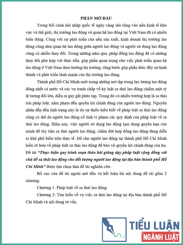 [Tiểu luận 2021] Thực hiện quy trình soạn thảo bài giảng dạy pháp luật cộng đồng với chủ đề sa thải lao động cho đối tượng người lao động tại địa bàn thành phố Hồ Chí Minh