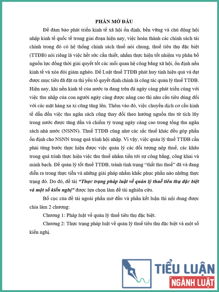 [Tiểu luận 2021] Thực trạng pháp luật về quản lý thuế tiêu thụ đặc biệt và một số kiến nghị
