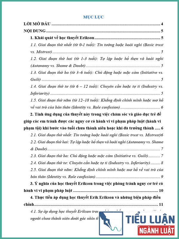 [Tiểu luận 2022] Thuyết tâm lý xã hội của Erik Erikson về sự phát triển của trẻ em. Ứng dụng của thuyết này trong việc chăm sóc và giáo dục trẻ để giúp các em tránh được các nguy cơ có hành vi vi phạm pháp luật (hành vi phạm tội) khi bước vào tuổi chưa thành niên hoặc khi đã trưởng thành