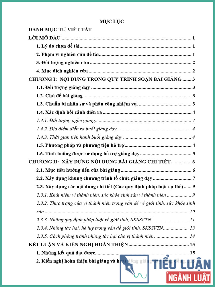 [Tiểu luận 2021] Xây dựng bài giảng dạy pháp luật cộng đồng về giới tính, sức khỏe sinh sản vị thành niên cho đối tượng là học sinh trung học phổ thông
