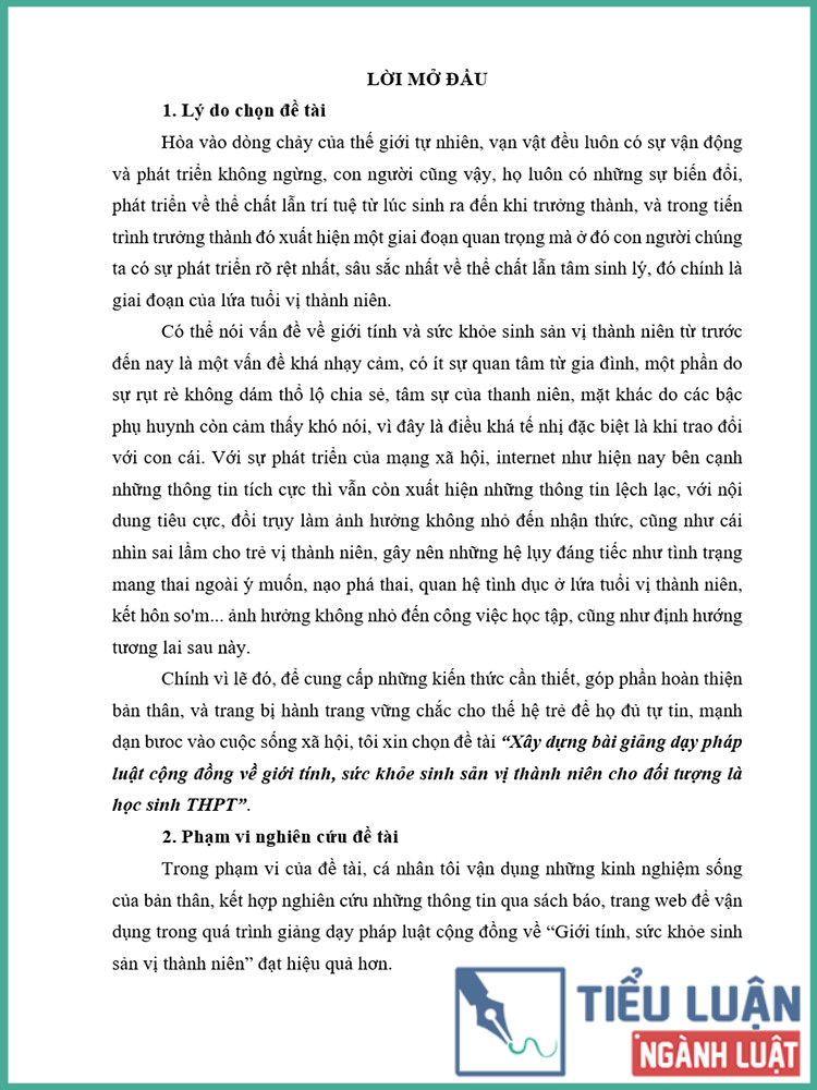 [Tiểu luận 2021] Xây dựng bài giảng dạy pháp luật cộng đồng về giới tính, sức khỏe sinh sản vị thành niên cho đối tượng là học sinh trung học phổ thông