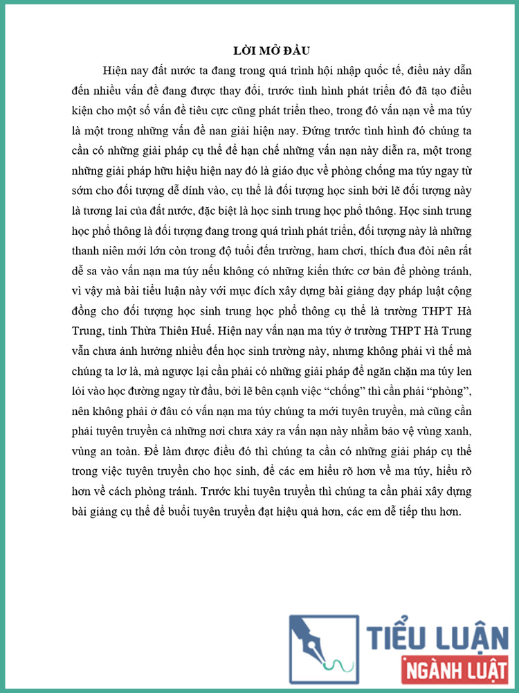 [Tiểu luận 2021] Xây dựng bài giảng dạy pháp luật cộng đồng về phòng chống ma túy trong học đường cho học sinh THPT Hà Trung, tỉnh Thừa Thiên Huế?