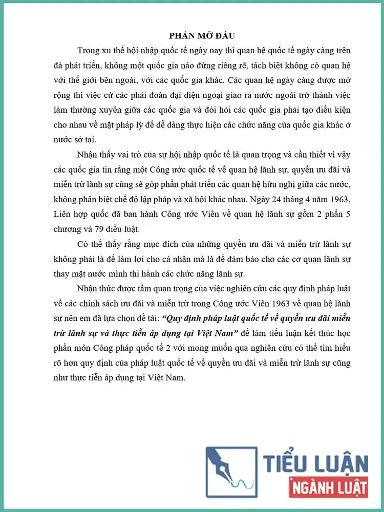 [Tiểu luận 2021] Quy định pháp luật quốc tế về quyền ưu đãi miễn trừ lãnh sự và thực tiễn áp dụng tại Việt Nam