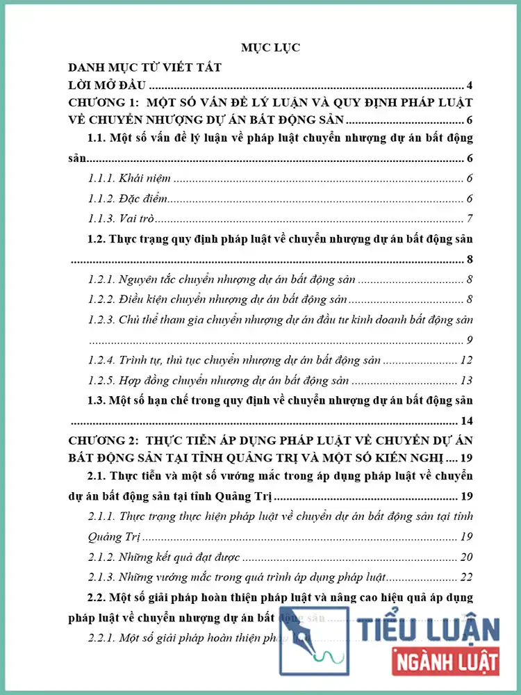[Tiểu luận 2021] Pháp luật về chuyển nhượng dự án bất động sản qua thực tiễn áp dụng tại tỉnh Quảng Trị